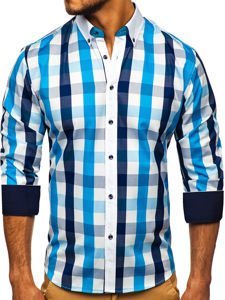 Camicia a scacchi a manica lunga da uomo turchese Bolf 9718