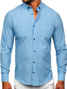 Camicia a scacchi a maniche lunghe da uomo celeste Bolf 22745