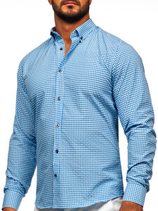 Camicia a scacchi a maniche lunghe da uomo celeste Bolf 22745