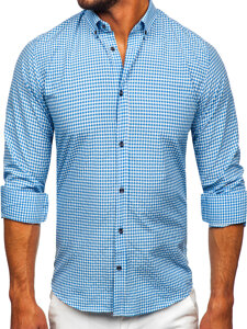 Camicia a scacchi a maniche lunghe da uomo celeste Bolf 22745