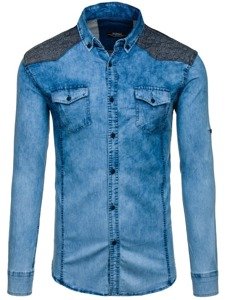 Camicia denim in motivo a manica lunga da uomo azzurra Bolf 0517