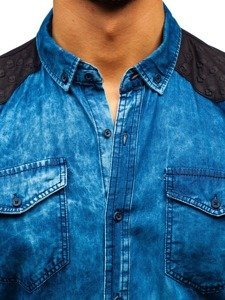 Camicia denim in motivo a manica lunga da uomo azzurra Bolf 0517