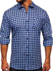 Camicia di flanella a scacchi a manica lunga da uomo bianco y blu Bolf F5