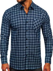 Camicia di flanella a scacchi a manica lunga da uomo biano-blu Bolf F7