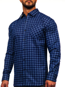 Camicia di flanella a scacchi a manica lunga da uomo blu-bianco Bolf F4