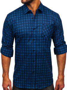 Camicia di flanella a scacchi a manica lunga da uomo blu y azzurro Bolf F5