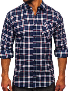 Camicia di flanella a scacchi a manica lunga da uomo blu y bianco Bolf F6