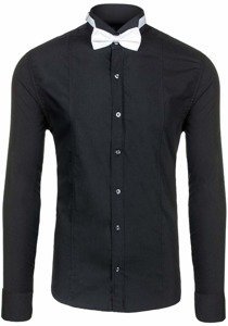 Camicia elegante a manica lunga da uomo nera Bolf 4702-A papillon + gemmelli