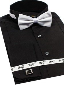 Camicia elegante a manica lunga da uomo nera Bolf 4702-A papillon + gemmelli