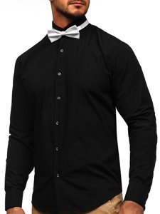 Camicia elegante a manica lunga da uomo nera Bolf 4702-A papillon + gemmelli