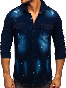 Camicia in denim a manica lunga da uomo blu Bolf R703