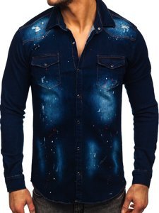 Camicia in denim a manica lunga da uomo blu Bolf R703