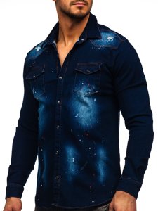 Camicia in denim a manica lunga da uomo blu Bolf R703