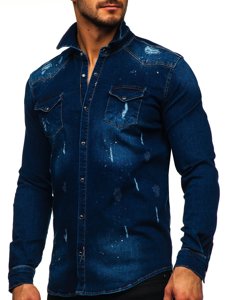 Camicia in denim a manica lunga da uomo blu Bolf R801