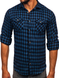 Camicia in flanella a quadri a manica lunga da uomo blu Bolf 22701