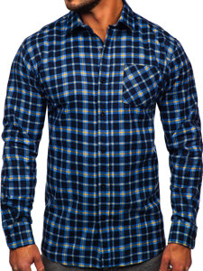 Camicia in flanella a quadri con maniche lunghe da uomo azzurro-gialla Bolf F4