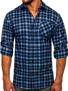 Camicia in flanella a quadri con maniche lunghe da uomo azzurro-gialla Bolf F4