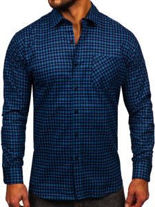 Camicia in flanella a quadri con maniche lunghe da uomo blu Bolf F4