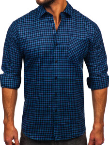 Camicia in flanella a quadri con maniche lunghe da uomo blu Bolf F4