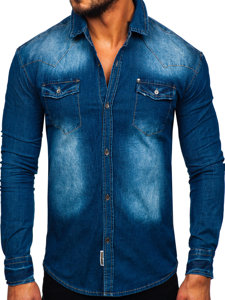 Camicia in jeans a manica lunga da uomo azzurra Bolf MC704B