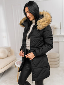 Donna Giacca invernale con cappuccio e pelliccia Nero-Marrone Bolf 16M9099