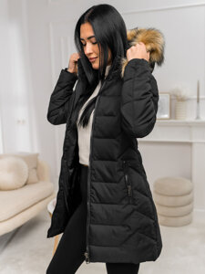 Donna Giacca invernale con cappuccio e pelliccia Nero-Marrone Bolf 16M9121