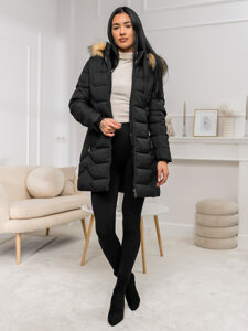 Donna Giacca invernale con cappuccio e pelliccia Nero-Marrone Bolf 16M9121