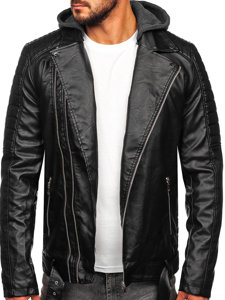 Giacca in pelle biker tipo chiodo con cappuccio da uomo nera Bolf 11Z8005