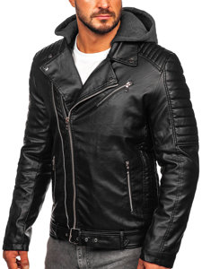 Giacca in pelle biker tipo chiodo con cappuccio da uomo nera Bolf 11Z8005