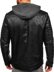 Giacca in pelle biker tipo chiodo con cappuccio da uomo nera Bolf 11Z8005