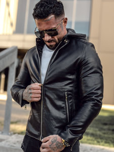 Giacca in pelle con cappuccio da uomo nera biker Bolf 11Z8012