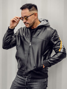 Giacca in pelle con cappuccio da uomo nero-gialla Bolf HY614