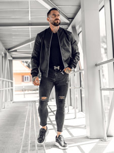 Giacca in pelle tipo bomber da uomo nera Bolf 1147A