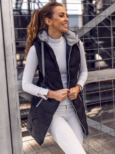 Gilet lungo trapuntato con cappuccio da donna nero Bolf 7042