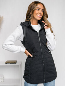 Gilet lungo trapuntato con cappuccio da donna nero Bolf 7633