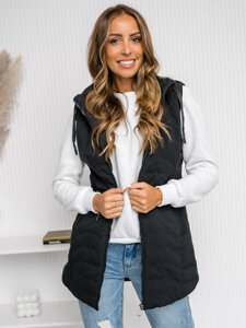 Gilet lungo trapuntato con cappuccio da donna nero Bolf 7633