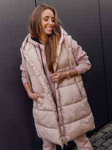 Gilet lungo trapuntato oversize da donna beige chiaro Bolf 81266A