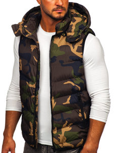 Gilet trapuntato da uomo con cappuccio mimetico in colore khaki Bolf 6876