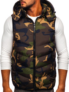 Gilet trapuntato da uomo con cappuccio mimetico in colore khaki Bolf 6876