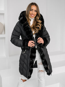 Giubbotto lungo trapuntato cappotto invernale con cappuccio da donna nero Bolf 5M3156