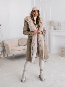 Giubbotto parka invernale lungo con cappuccio da donna beige Bolf B557