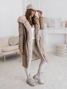 Giubbotto parka invernale lungo con cappuccio da donna beige Bolf B557