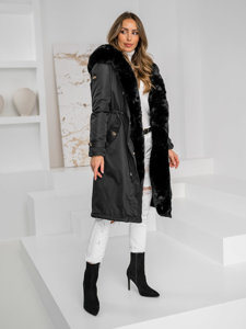 Giubbotto parka invernale lungo con cappuccio da donna nero Bolf B557