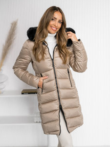 Giubbotto trapuntato bilaterale lungo invernale cappotto con cappuccio da donna beige Bolf B8202