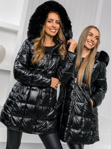 Giubbotto trapuntato lungo cappotto con cappuccio invernale da donna nero Bolf 16M9120A