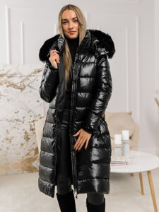 Giubbotto trapuntato lungo cappotto con cappuccio invernale da donna nero Bolf 16M9127