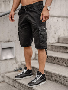 Pantaloncini cargo in tessuto con cintura da uomo neri Bolf 77885A