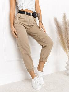 Pantaloni in denim a vita alta con cintura a marsupio da donna beige Bolf LA688