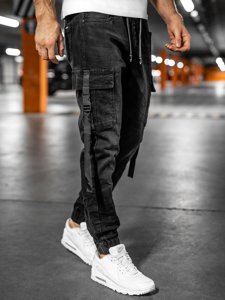 Pantaloni in denim jogger tipo cargo da uomo neri Bolf 8871