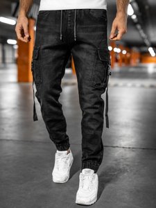 Pantaloni in denim jogger tipo cargo da uomo neri Bolf 8871